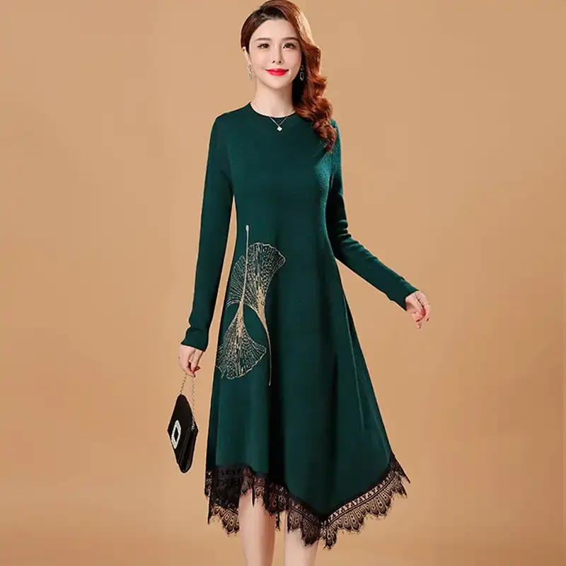 Elegant Women's Long Sleeve A-Line Dress With Embroidered Leaf Design And Lace Hem Spring Autumn Wear
Elegant Women's Long Sleeve A-Line Dress With Embroidered Leaf Design And Lace Hem Spring Autumn Wear