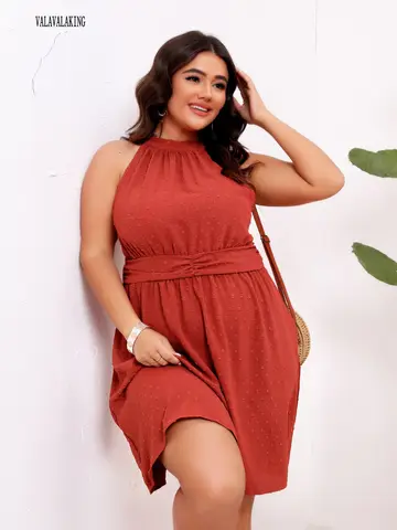 2025 Casual Red Halter Plus Size Dress Women Summer Sleeveless Loose Vacation Dress Ladies Elegant Ruffle Short Bohemian Dresses