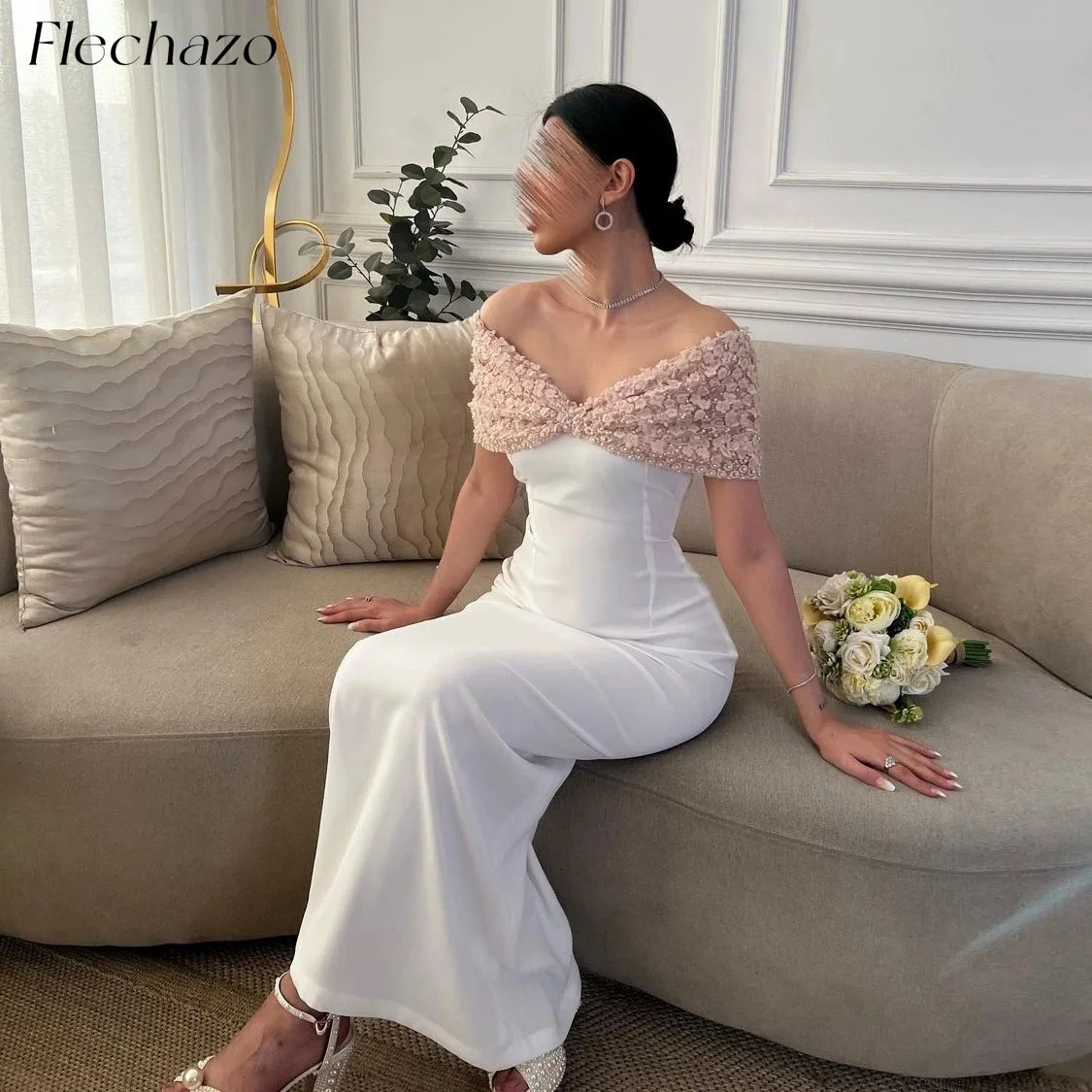 Flechazo White Evening Dresses Off The Shoulder Sleeveless Flower Pleated Lace Ankle-Length Backless Women Formal Party Dress
Flechazo White Evening Dresses Off The Shoulder Sleeveless Flower Pleated Lace Ankle-Length Backless Women Formal Party Dress