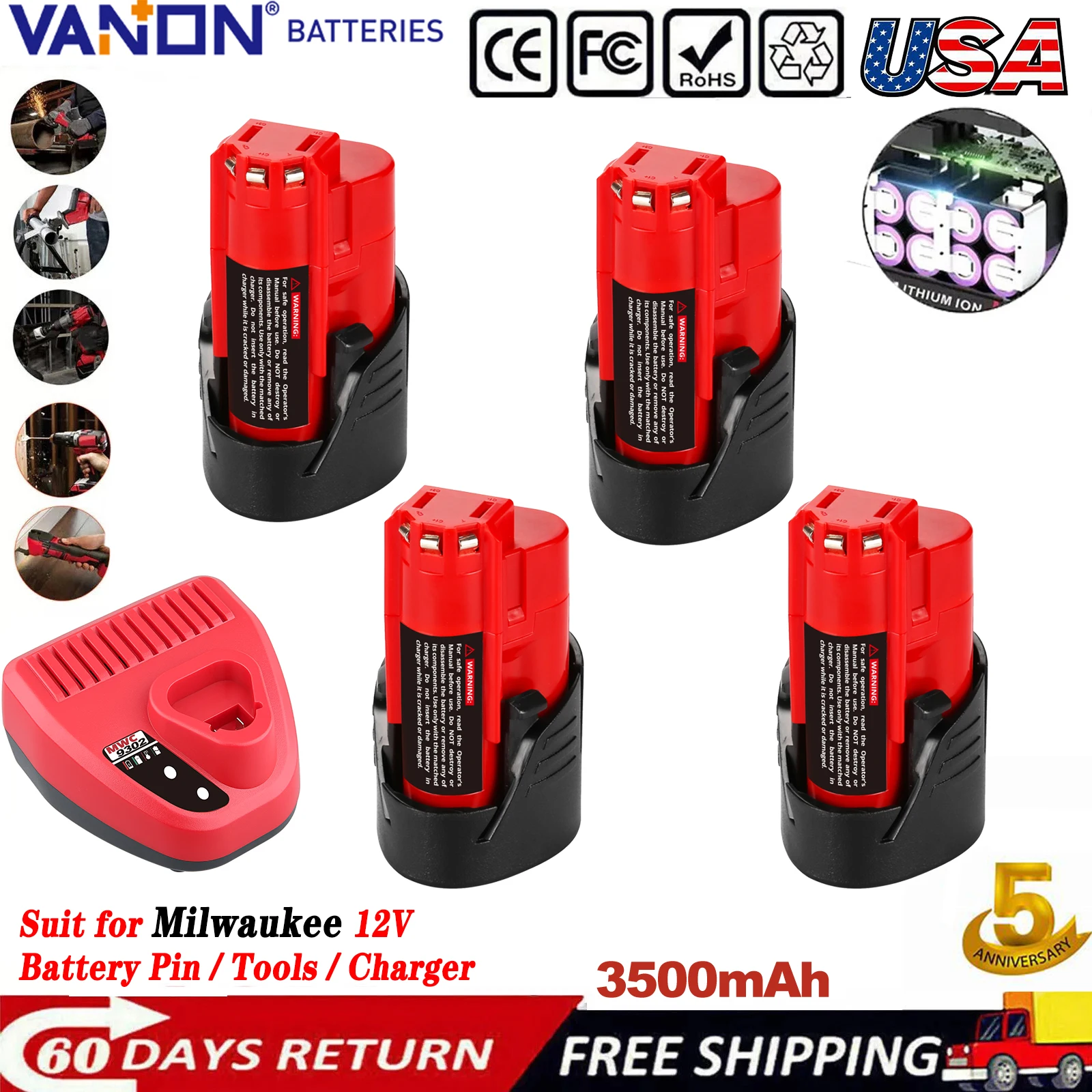 VANON 1/2/4 шт. 3,5 Ач M12 Замена для аккумулятора Milwaukee 12 В, литий-ионный костюм для инструмента 12 В 48-11-2401 48-11-2460 и зарядного устройства 3A N12
VANON 1/2/4 шт. 3,5 Ач M12 Замена для аккумулятора Milwaukee 12 В, литий-ионный костюм для инструмента 12 В 48-11-2401 48-11-2460 и зарядного устройства 3A N12