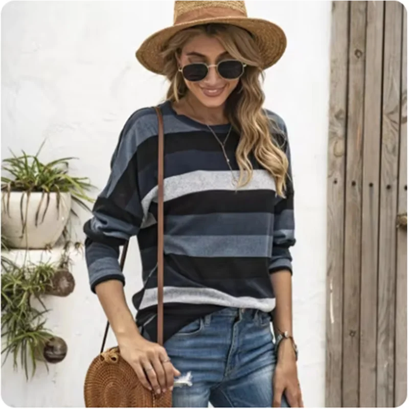 Striped Round Neck Long Sleeved T-shirt Fashionable Elegant Women's High Street Versatile Daily Office Autumn Pullover Top
Striped Round Neck Long Sleeved T-shirt Fashionable Elegant Women's High Street Versatile Daily Office Autumn Pullover Top