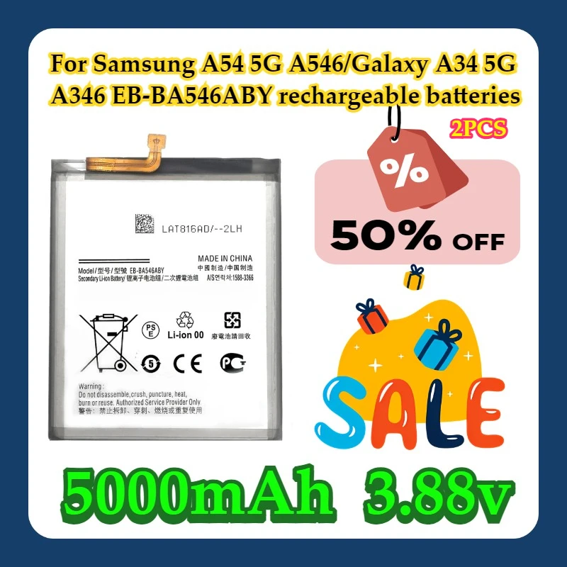 Для Samsung A54 5G A546/Galaxy A34 5G A346 EB-BA546ABY 5000 мАч аккумуляторные батареи 2 шт.
Для Samsung A54 5G A546/Galaxy A34 5G A346 EB-BA546ABY 5000 мАч аккумуляторные батареи 2 шт.