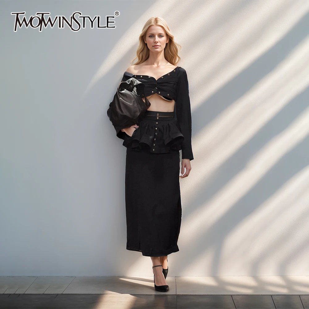 TWOTWINSTYLE Temperament Two Piece Set For Women Slash Neck Long Sleeve Top High Waist Loose A Line Skirt Chic Sets Female New
TWOTWINSTYLE Temperament Two Piece Set For Women Slash Neck Long Sleeve Top High Waist Loose A Line Skirt Chic Sets Female New