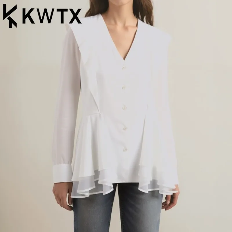 KWTX Women's Designer Casual Blouse Solid Layered Ruffle V-Neck Single Breasted Luxury High Quality Chic Top Spring Summer 2025
KWTX Women's Designer Casual Blouse Solid Layered Ruffle V-Neck Single Breasted Luxury High Quality Chic Top Spring Summer 2025