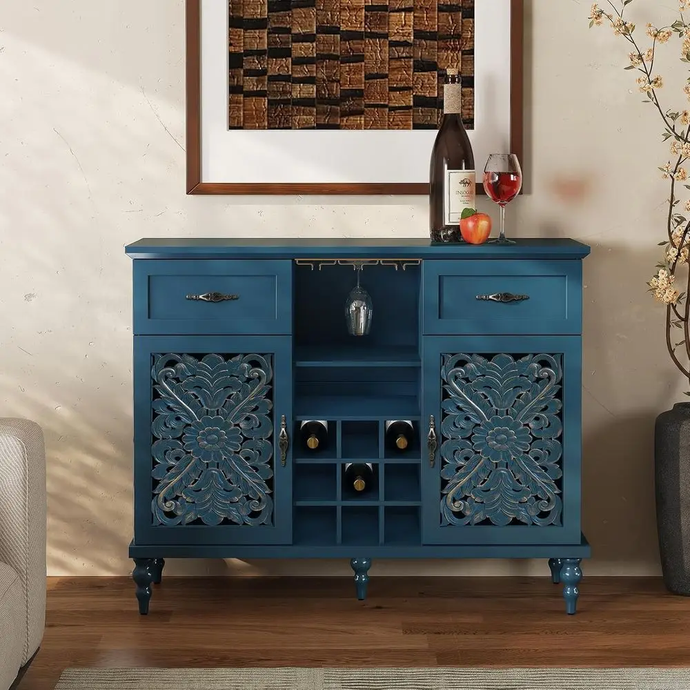 Vintage 47.2 Wine Bar Cabinet with 2 Carved Doors, Antique-Style Liquor Storage, 9 Wine Racks and Glass Holder, Blue
Vintage 47.2 Wine Bar Cabinet with 2 Carved Doors, Antique-Style Liquor Storage, 9 Wine Racks and Glass Holder, Blue
