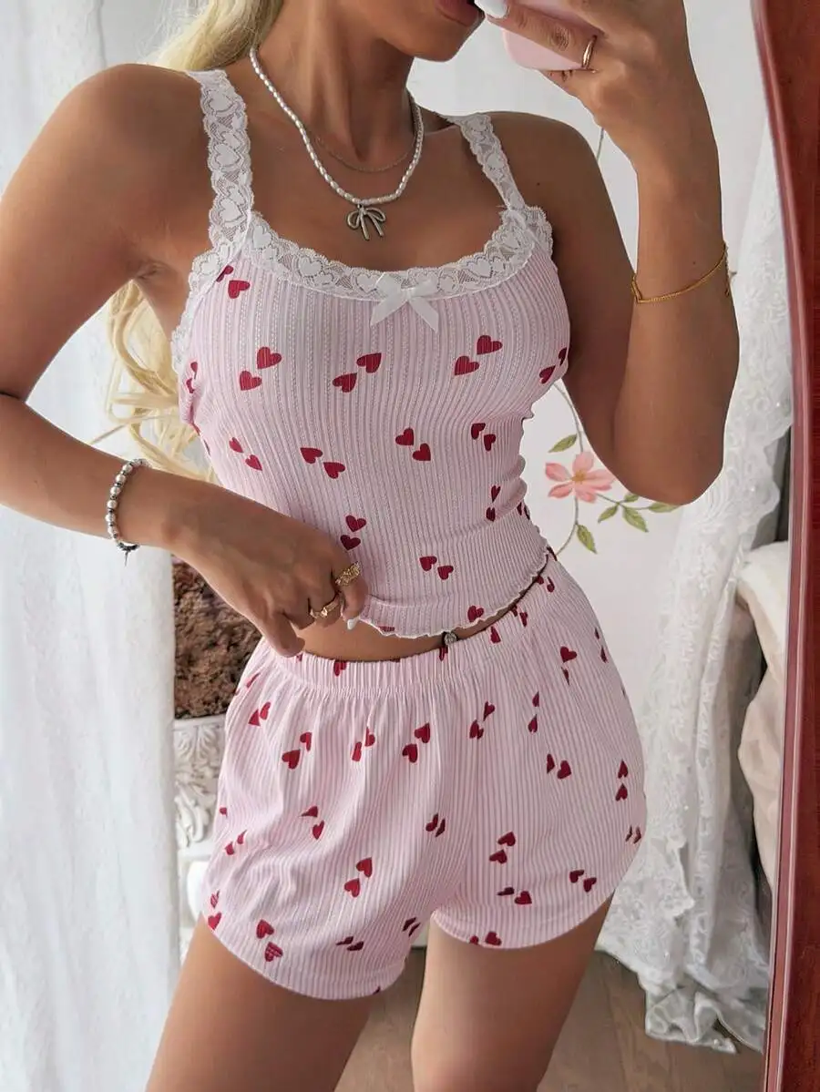 2pcs Lace Heart Jacquard Knit Women Pajama Set With Criss-Cross Back
2pcs Lace Heart Jacquard Knit Women Pajama Set With Criss-Cross Back