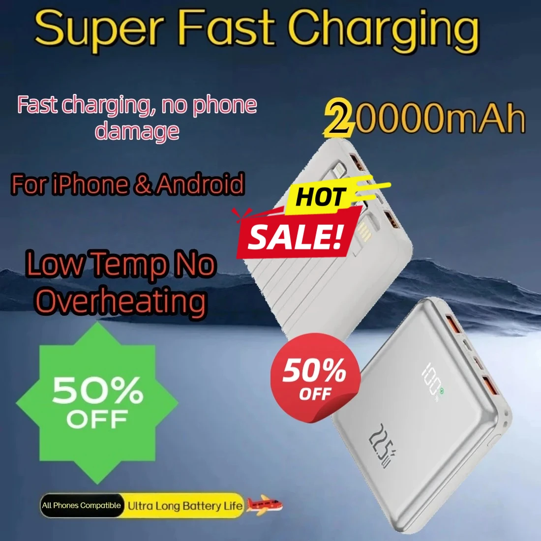 Thin Fast Charging Power Bank Built-in Cable Mini Portable 20000mAh Large Capacity External Battery For iPhone & Android
Thin Fast Charging Power Bank Built-in Cable Mini Portable 20000mAh Large Capacity External Battery For iPhone & Android