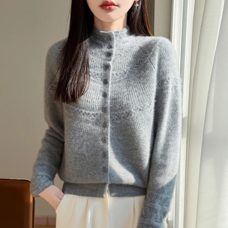 Women Pure Wool Mock-neck Cardigan Sweater 100% Merino Wool Knitwear Autumn Winter Thick Grid Hollow Flower Long Sleeve Tops
Women Pure Wool Mock-neck Cardigan Sweater 100% Merino Wool Knitwear Autumn Winter Thick Grid Hollow Flower Long Sleeve Tops