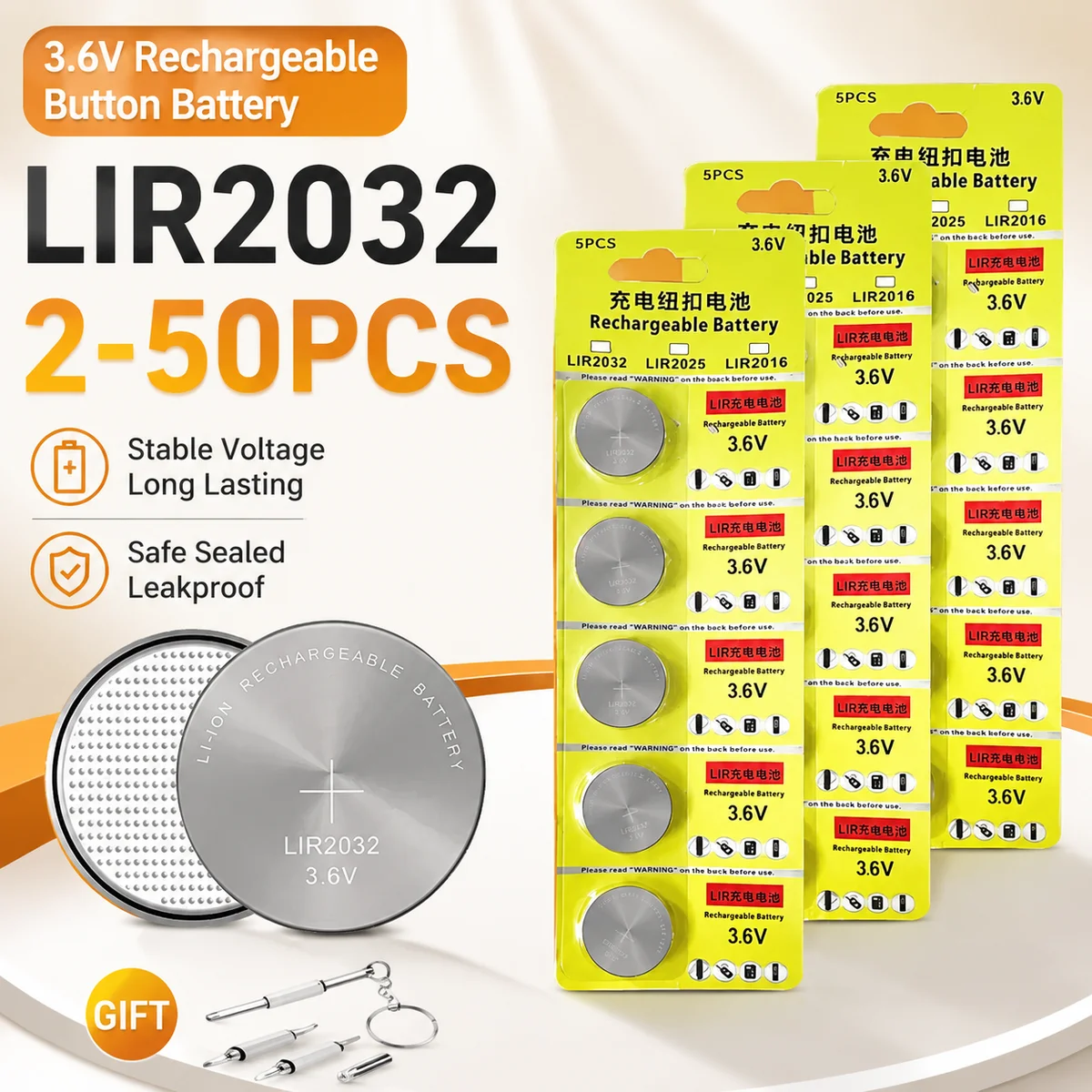 Rechargeable LIR2032 Coin Cell Battery 3.6V 40mAh 2-50PCS Lithium Button Battery Replaces CR2032 For Watches Stable Power
Rechargeable LIR2032 Coin Cell Battery 3.6V 40mAh 2-50PCS Lithium Button Battery Replaces CR2032 For Watches Stable Power