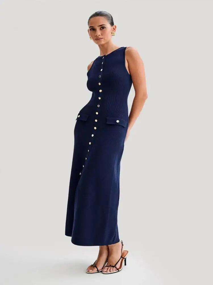 Summer Elegant Lady Knitted Single Breasted Long Dresses Women Solid Sleeveless O Neck Button Bodycon Party Female Vestidos ZPN2
Summer Elegant Lady Knitted Single Breasted Long Dresses Women Solid Sleeveless O Neck Button Bodycon Party Female Vestidos ZPN2