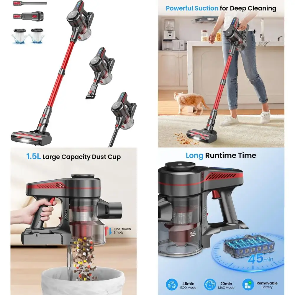 Мощный беспроводной вертикальный пылесос с 45-минутным временем работы, контейнером для пыли объемом 1,5 л и функцией защиты от наматывания волос для уборки шерсти домашних животных с твердых полов.
Мощный беспроводной вертикальный пылесос с 45-минутным временем работы, контейнером для пыли объемом 1,5 л и функцией защиты от наматывания волос для уборки шерсти домашних животных с твердых полов.