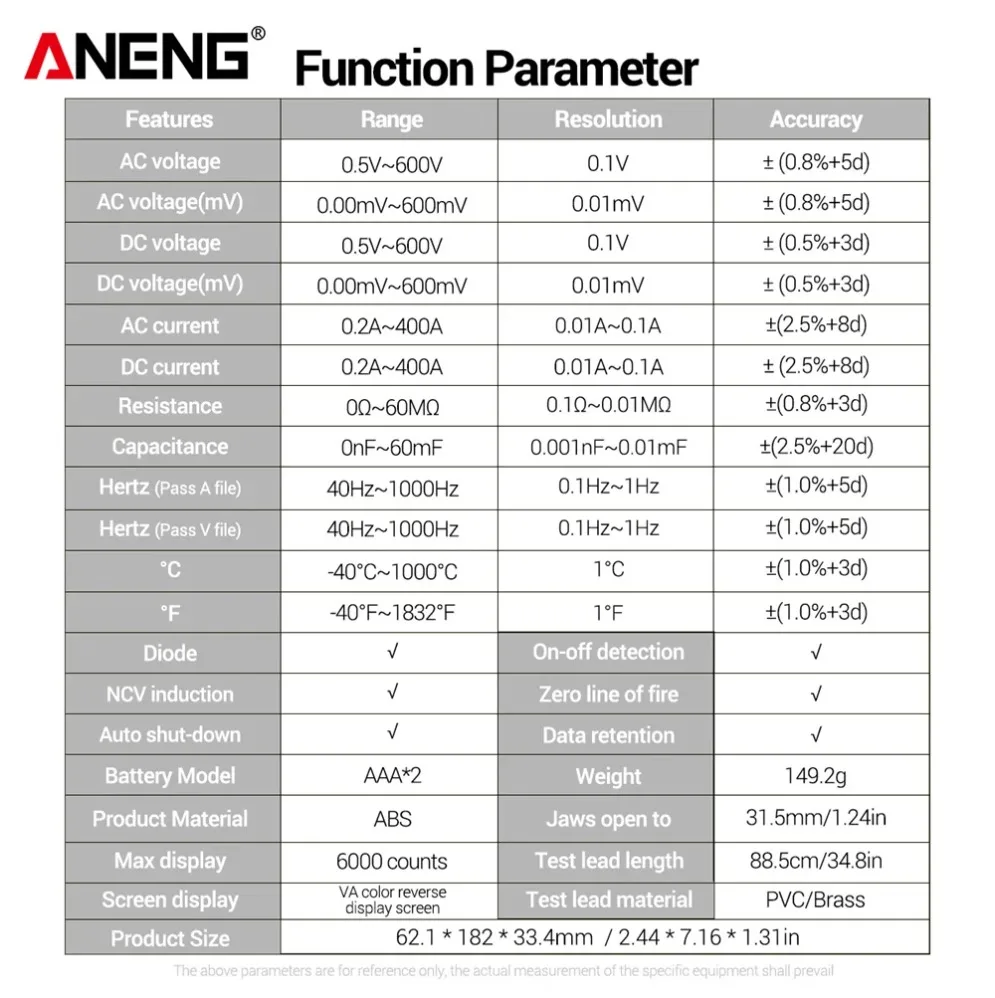ANENG ST212 DC/AC Current Digital Clamp Meter 6000 Counts 400A Amp Multimeter Large Color Screen Voltage Tester Car Hz NCV Ohm
ANENG ST212 DC/AC Current Digital Clamp Meter 6000 Counts 400A Amp Multimeter Large Color Screen Voltage Tester Car Hz NCV Ohm