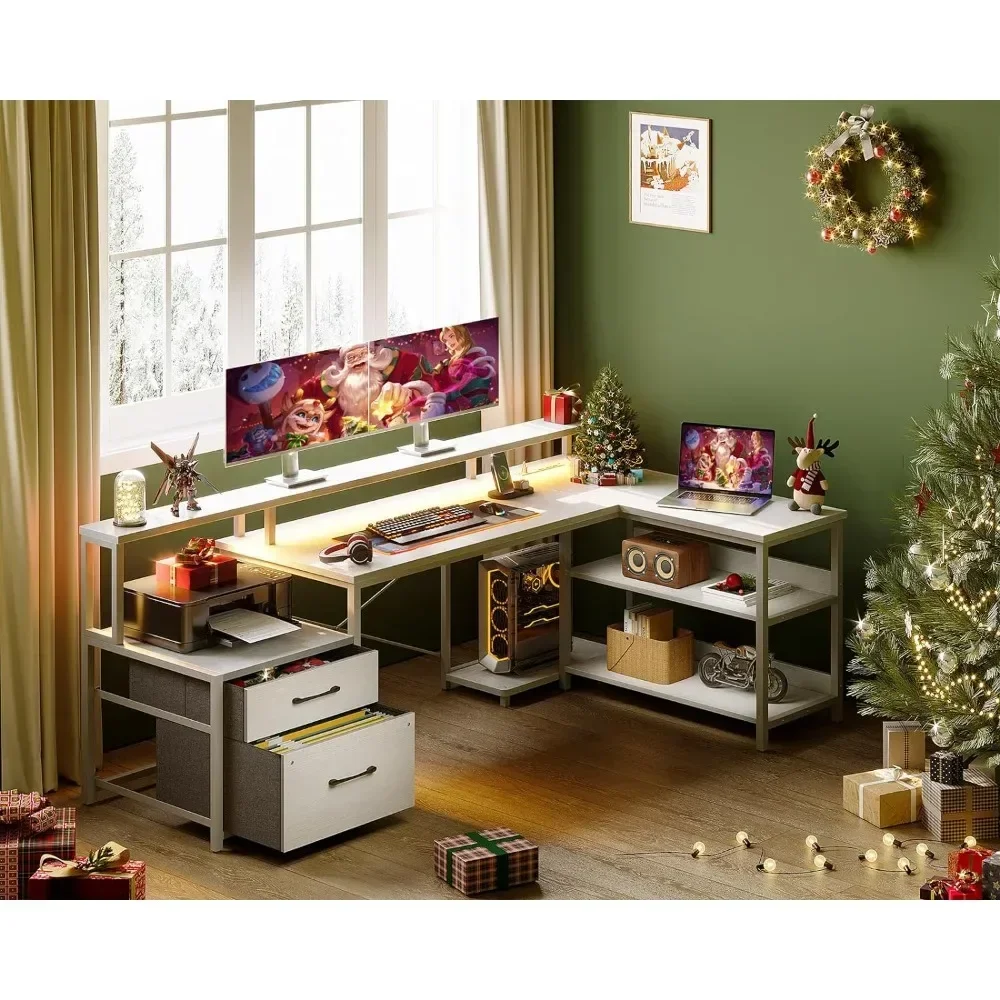 L-shaped table, 66" reversible L-shaped computer desk with power socket and LED strip light, gaming table with monitor stand
L-shaped table, 66" reversible L-shaped computer desk with power socket and LED strip light, gaming table with monitor stand