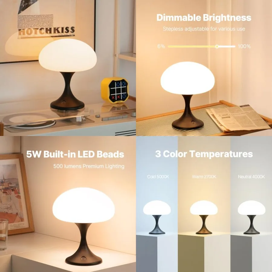 Mushroom Lamp, 5W LED Cordless Rechargeable Table Lamp with Glass Shade, Small Retro Dimmable Touch Light with 3 Color Temps, A
Mushroom Lamp, 5W LED Cordless Rechargeable Table Lamp with Glass Shade, Small Retro Dimmable Touch Light with 3 Color Temps, A