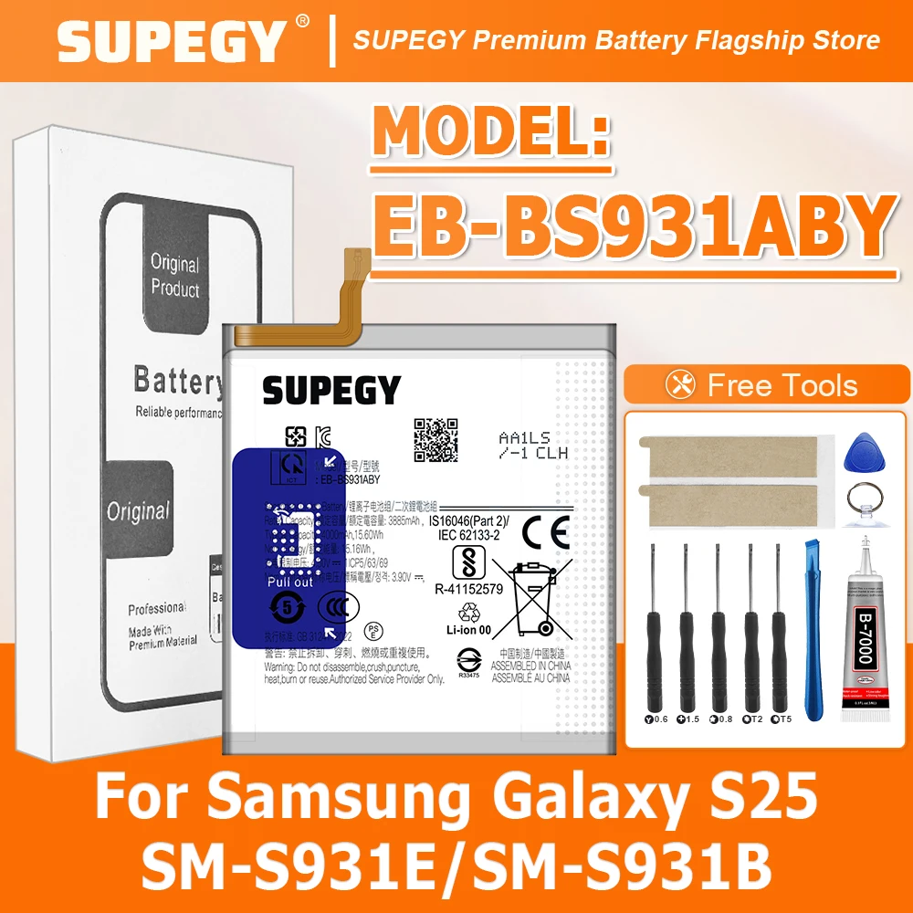 100% New High Quanlity EB-BS931ABY Battery For Samsung Galaxy S25/SM-S931E/SM-S931B Replacement Batteries batteria+Free tools
100% New High Quanlity EB-BS931ABY Battery For Samsung Galaxy S25/SM-S931E/SM-S931B Replacement Batteries batteria+Free tools