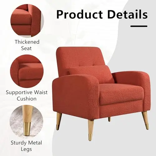 Red Mid-Century Style Upholstered Accent Armchair Featuring Thick Seat, Lumbar Support Cushion, And Durable Metal Legs For
Red Mid-Century Style Upholstered Accent Armchair Featuring Thick Seat, Lumbar Support Cushion, And Durable Metal Legs For