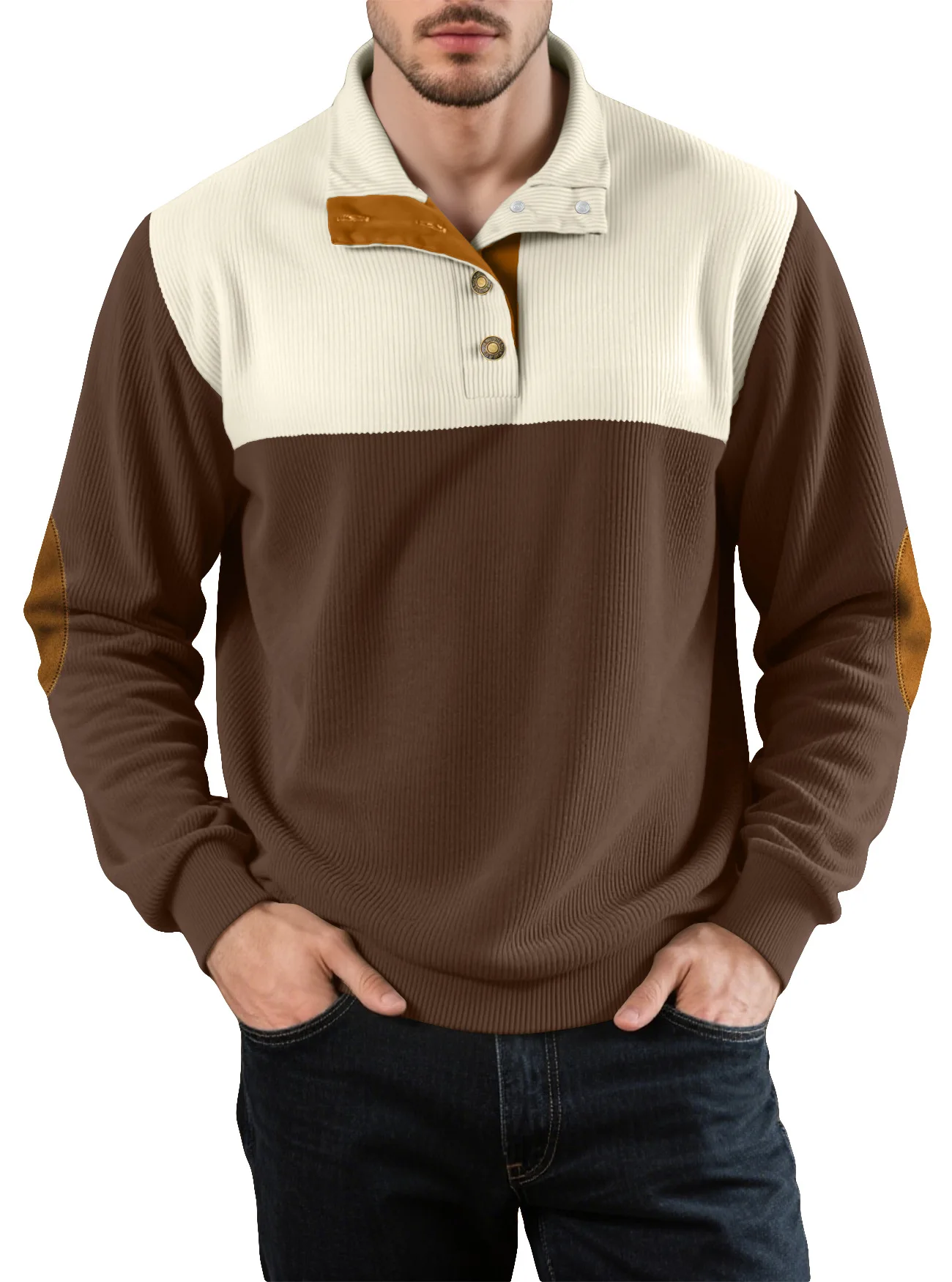 Fall men's color-matched placket pullover, corduroy fabric. Elbow patch button-down sports top, casual and relaxed style pullove
Fall men's color-matched placket pullover, corduroy fabric. Elbow patch button-down sports top, casual and relaxed style pullove