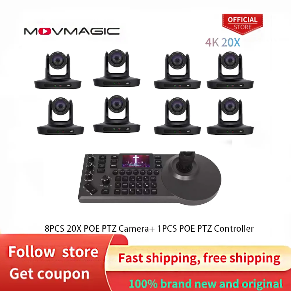 MOVMAGIC 1-8pcs 4k PTZ Camera 20X Zoom USB3.0 LAN HDMI Video Conference Camera +1pcs IP POE Controller for Church Live Streaming
MOVMAGIC 1-8pcs 4k PTZ Camera 20X Zoom USB3.0 LAN HDMI Video Conference Camera +1pcs IP POE Controller for Church Live Streaming