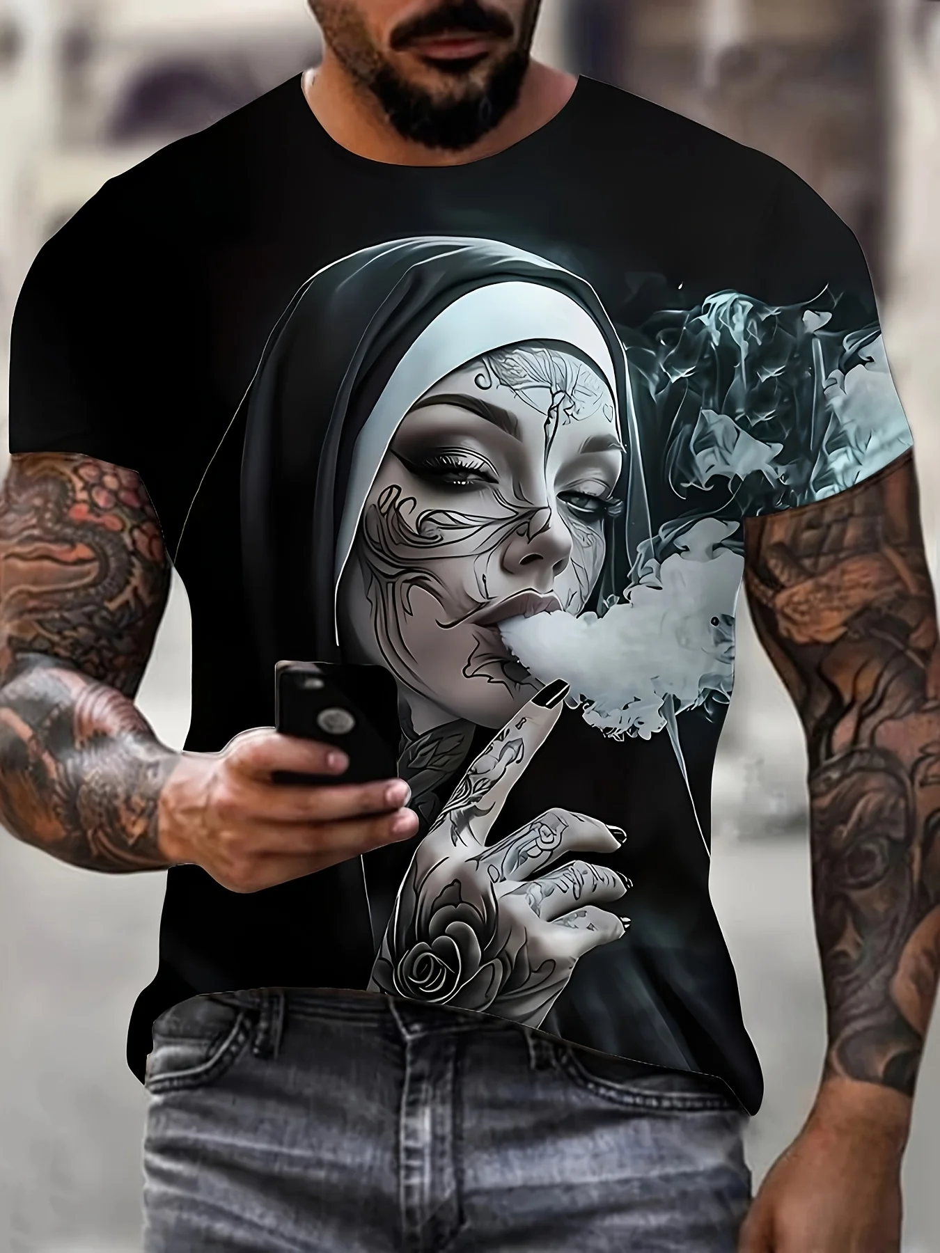 Men's 3D Graphic T-Shirt - Black Casual Summer Tee with Smoking Nun Design Short Sleeves Polyester Blend Machine Washable
Men's 3D Graphic T-Shirt - Black Casual Summer Tee with Smoking Nun Design Short Sleeves Polyester Blend Machine Washable