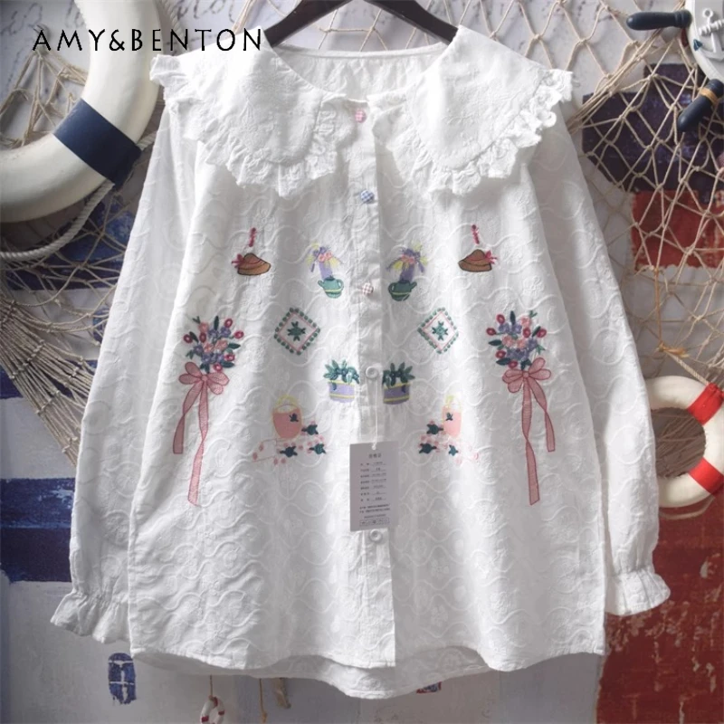 Japanese Original Women's Clothing 2025 Spring Autumn Doll Collar Sweet Cute Top Graffiti Embroidery Versatile Thin Shirt Female
Japanese Original Women's Clothing 2025 Spring Autumn Doll Collar Sweet Cute Top Graffiti Embroidery Versatile Thin Shirt Female