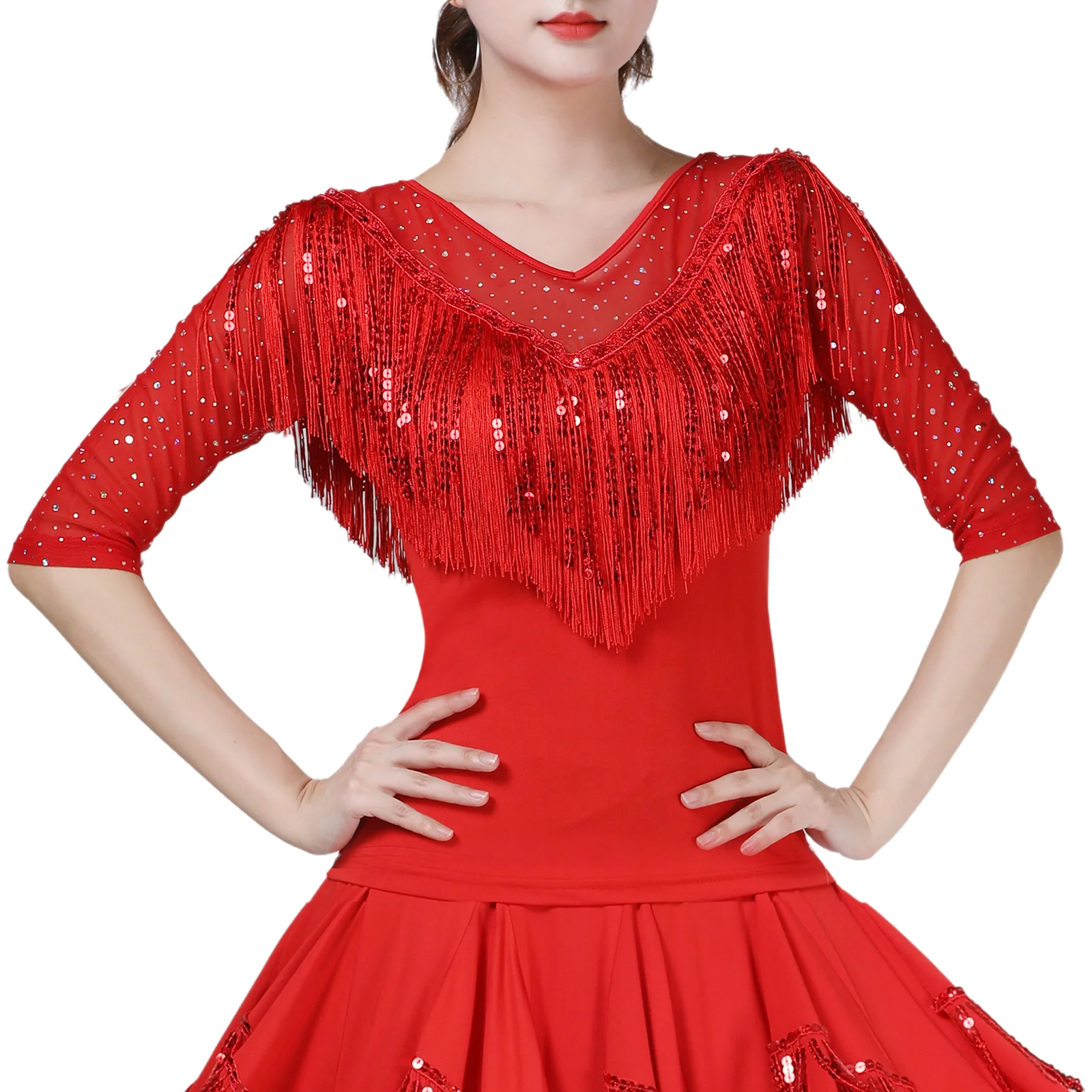 Womens Lyrical Latin Dance Top Half Sleeve Dual Layer Tassel Shiny Mesh Blouses Pullover Shirt Tops for Party Banquet Dance Show
Womens Lyrical Latin Dance Top Half Sleeve Dual Layer Tassel Shiny Mesh Blouses Pullover Shirt Tops for Party Banquet Dance Show
