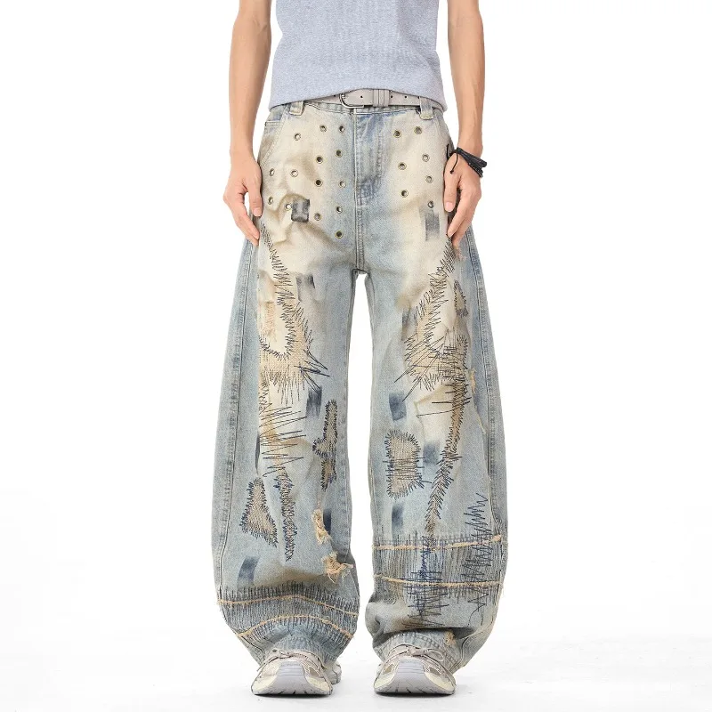 Edgy Men's Rivet Embroidery Distressed Jeans Washed Wide Leg Baggy Fit Streetwear Casual Premium Denim Pants
Edgy Men's Rivet Embroidery Distressed Jeans Washed Wide Leg Baggy Fit Streetwear Casual Premium Denim Pants