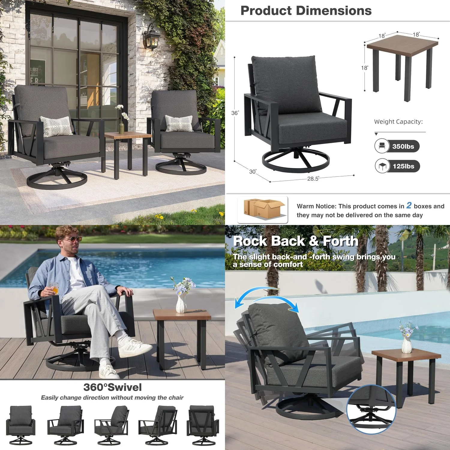 3PC Swivel Rocking Outdoor Patio Bistro Set Thick Cushion Coffee Table Balcony 350lbs Dark Grey Customized
3PC Swivel Rocking Outdoor Patio Bistro Set Thick Cushion Coffee Table Balcony 350lbs Dark Grey Customized
