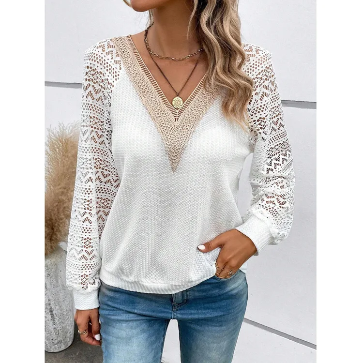 New 2025 Women's V-neck T-shirt Long-sleeved Spliced hollow Top Lace Fashion White Simple Basic Tees
New 2025 Women's V-neck T-shirt Long-sleeved Spliced hollow Top Lace Fashion White Simple Basic Tees