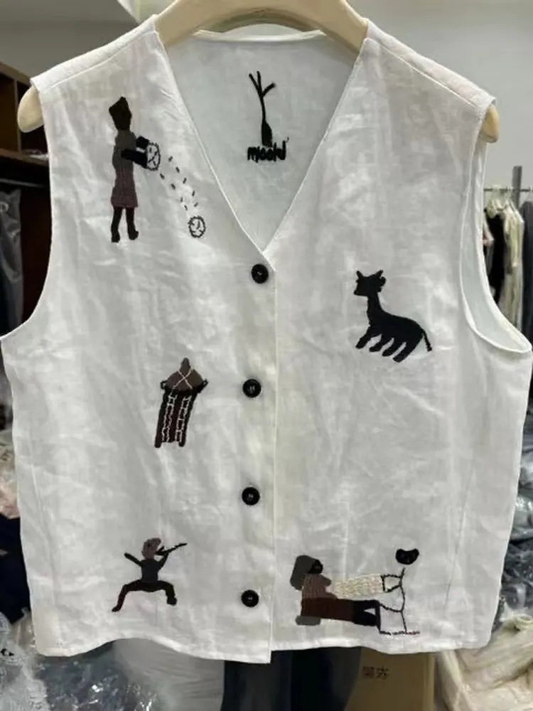 High Quality Korean Style Cartoon Embroidery Cotton Linen Vest for Women Summer Fashion Sleeveless Thin Comfortable Waistcoat
High Quality Korean Style Cartoon Embroidery Cotton Linen Vest for Women Summer Fashion Sleeveless Thin Comfortable Waistcoat