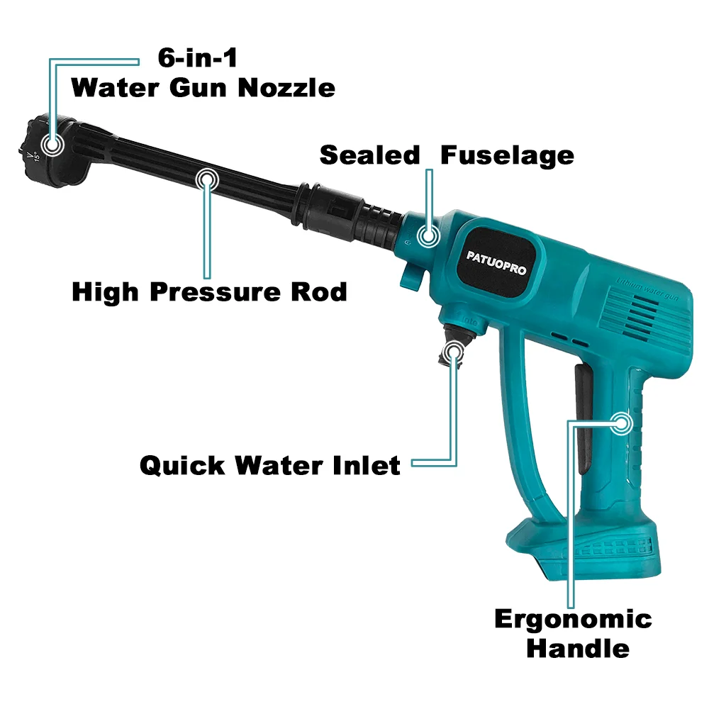 PATUOPRO Electric Cleaning Gun with 6 In 1 Spray Nozzle Cordless High Pressure Spray Gun For Makita 18V Battery(No Battery)
PATUOPRO Electric Cleaning Gun with 6 In 1 Spray Nozzle Cordless High Pressure Spray Gun For Makita 18V Battery(No Battery)