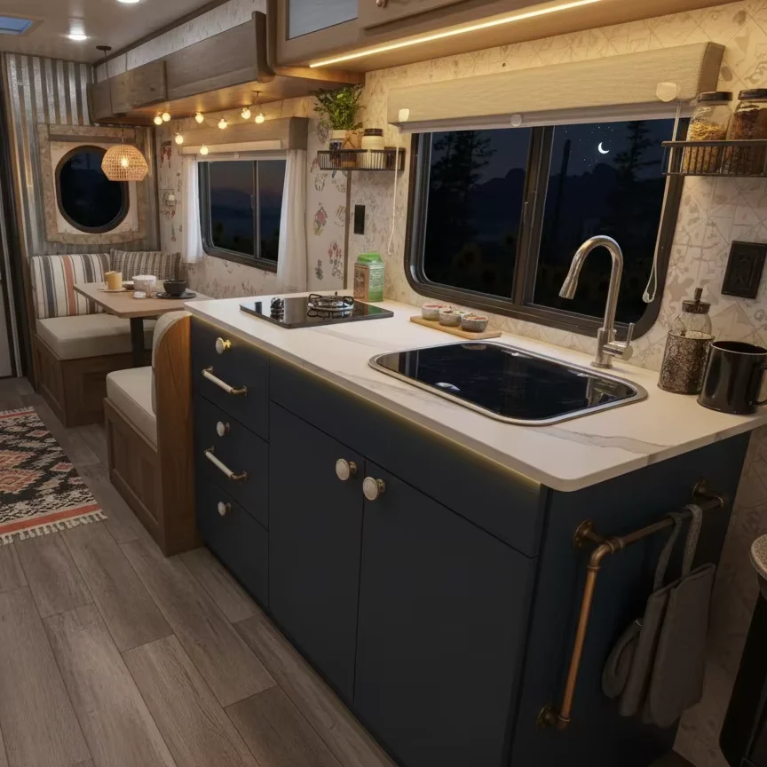 Lightweight Modular RV Kitchen Cabinet Unit With Built-In Stove and Sink for Camper Van
Lightweight Modular RV Kitchen Cabinet Unit With Built-In Stove and Sink for Camper Van
