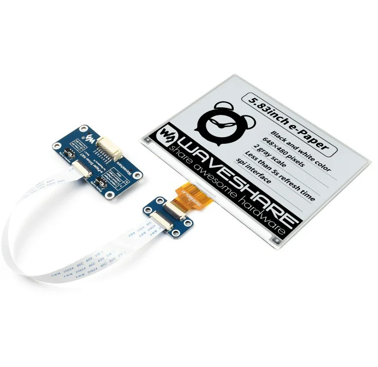 Waveshare 5.83inch E-Paper E-Ink Display HAT 648×480 Pixels, Black / White Dual-Color, SPI Interface
Waveshare 5.83inch E-Paper E-Ink Display HAT 648×480 Pixels, Black / White Dual-Color, SPI Interface