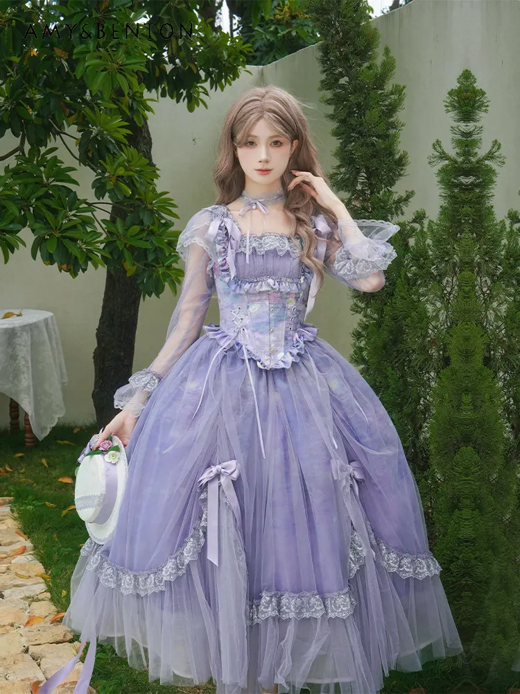 Summer New Lavender Lolita Party Princess Dress Square Neck Long Sleeve Tulle Lace Trim Ball Gown with Detachable Bows for Girls
Summer New Lavender Lolita Party Princess Dress Square Neck Long Sleeve Tulle Lace Trim Ball Gown with Detachable Bows for Girls