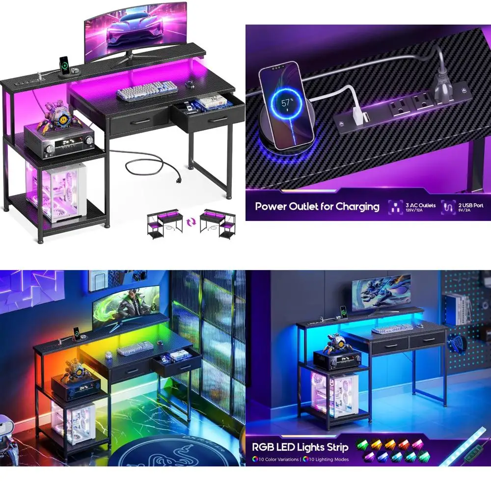 LED Lit 48 Inch Gaming Desk with Drawers and Power Outlet, Large Display Storage Office Desk for Computer Setup