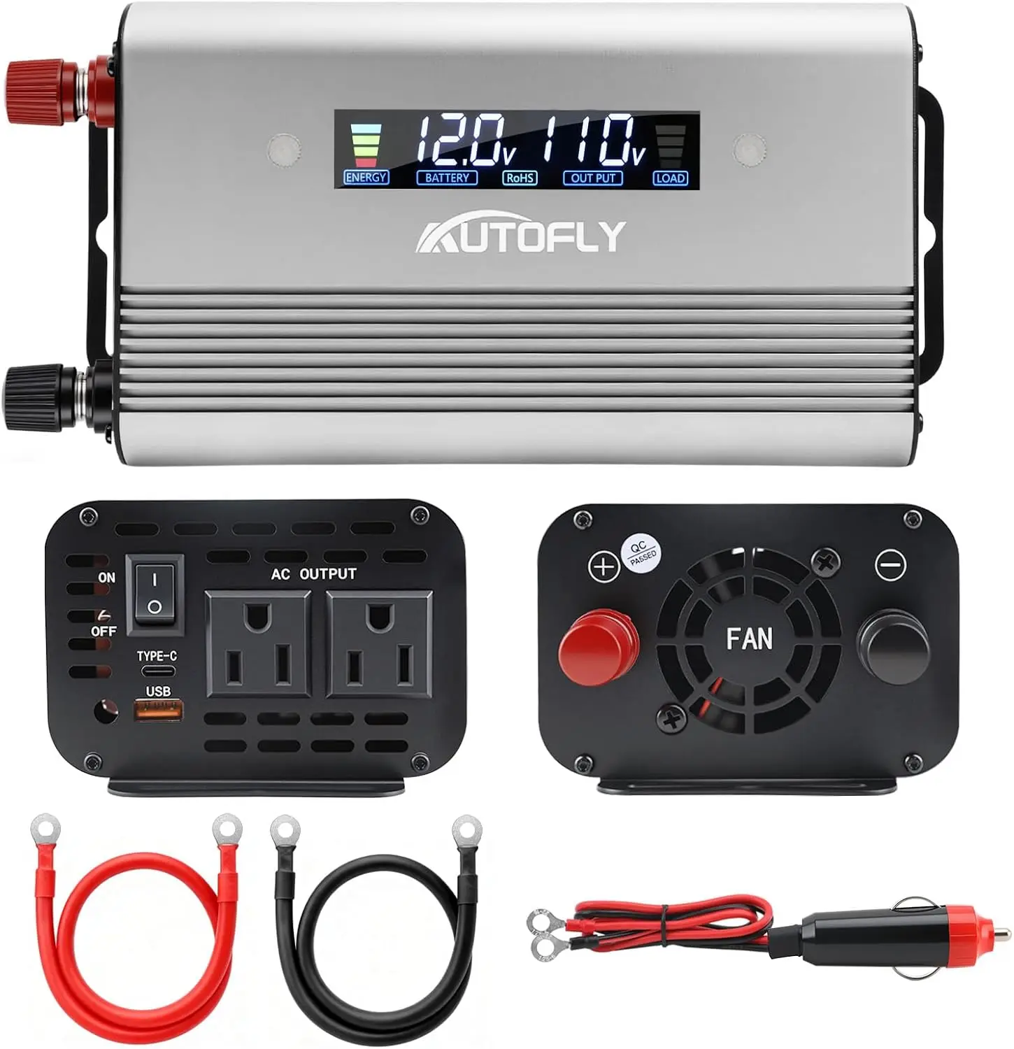 400W Pure Sine Wave Inverter 12V/24V to 110V, 600W Peak, 2 Outlets, USB & Type-C, LCD Screen
400W Pure Sine Wave Inverter 12V/24V to 110V, 600W Peak, 2 Outlets, USB & Type-C, LCD Screen