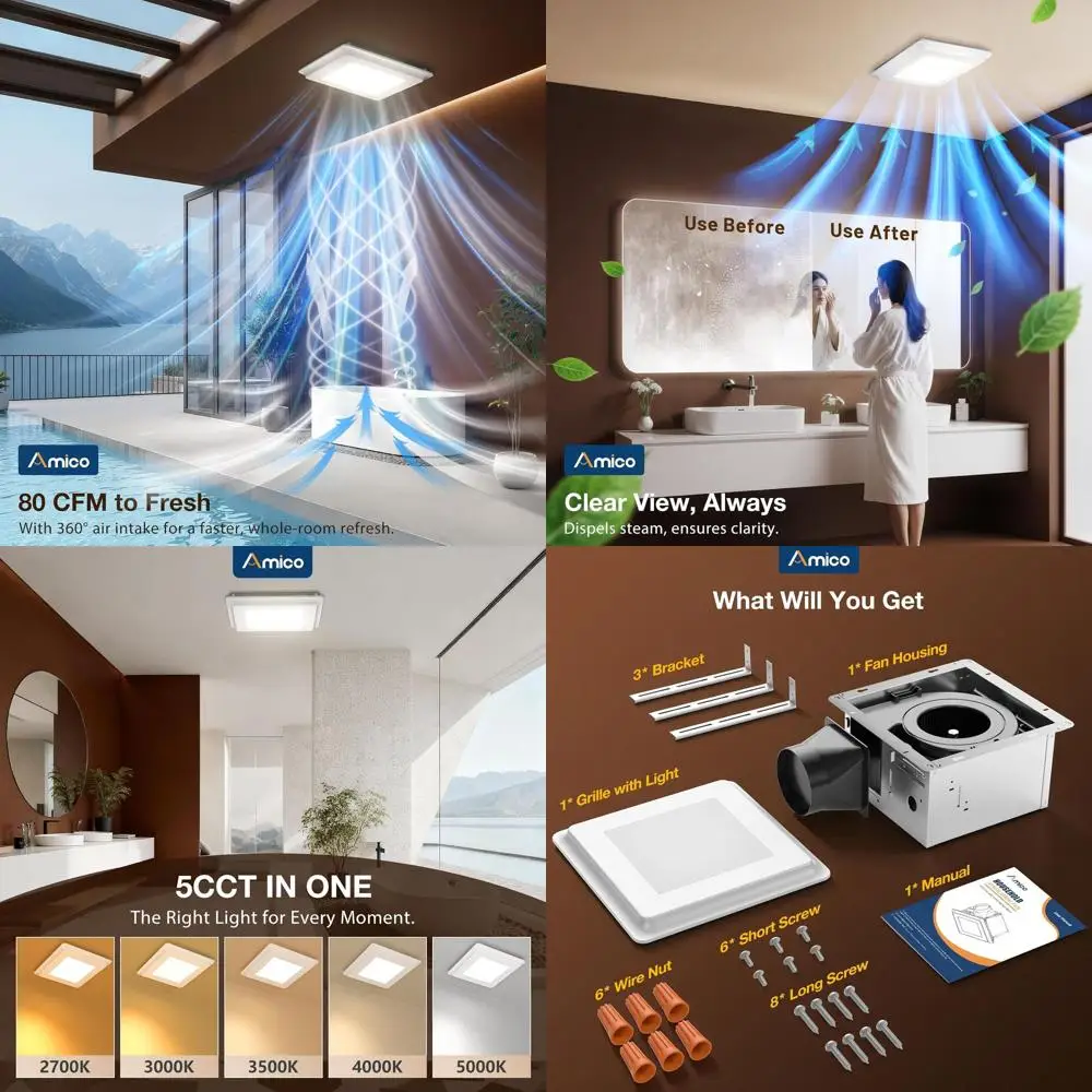 80cm Ceiling-Mounted Bathroom Exhaust Fan with Light, 1000 Lumens, 0.9 Sones, Adjustable Ventilation, Easy Install, 5000K CCT, E
80cm Ceiling-Mounted Bathroom Exhaust Fan with Light, 1000 Lumens, 0.9 Sones, Adjustable Ventilation, Easy Install, 5000K CCT, E