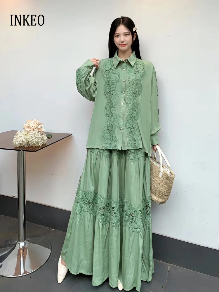 Elegant Women 2 Piece set Vintage Lace patchwork blouse and elastic waist long skirt Solid color 2025 Spring Summer Suits 5T067
Elegant Women 2 Piece set Vintage Lace patchwork blouse and elastic waist long skirt Solid color 2025 Spring Summer Suits 5T067