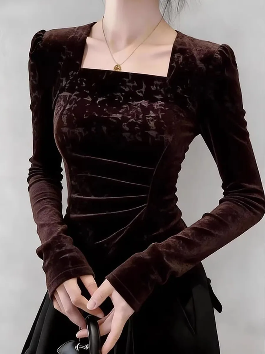 Elegant Velvet Long Sleeve Square Collar Base Shirt T-Shirt Women's Slim Fit Inner Design Spring Atmosphere Sense Top
Elegant Velvet Long Sleeve Square Collar Base Shirt T-Shirt Women's Slim Fit Inner Design Spring Atmosphere Sense Top