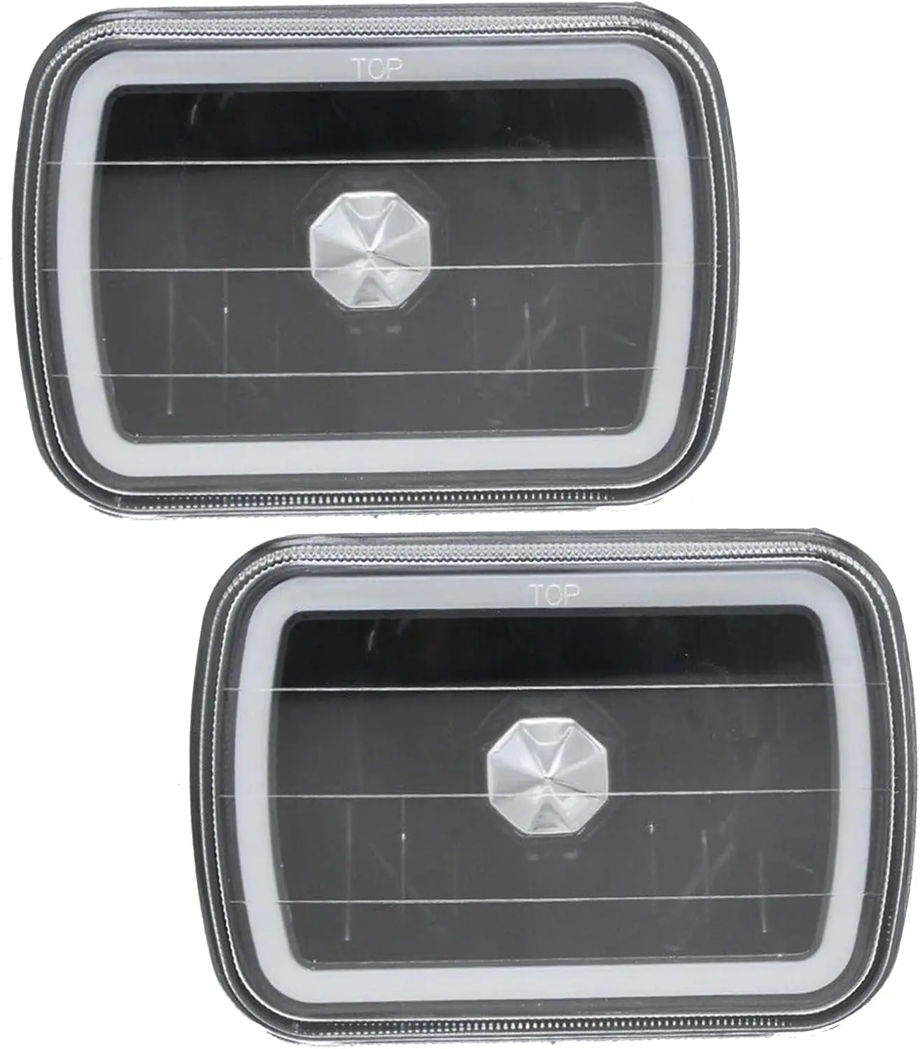 7×6 Inch Semi-Sealed Headlight with White LED Halo Chrome Housing Clear Lens for H4/HB2/9003 Lamp A Pair of Bulbs High and Low B
7×6 Inch Semi-Sealed Headlight with White LED Halo Chrome Housing Clear Lens for H4/HB2/9003 Lamp A Pair of Bulbs High and Low B