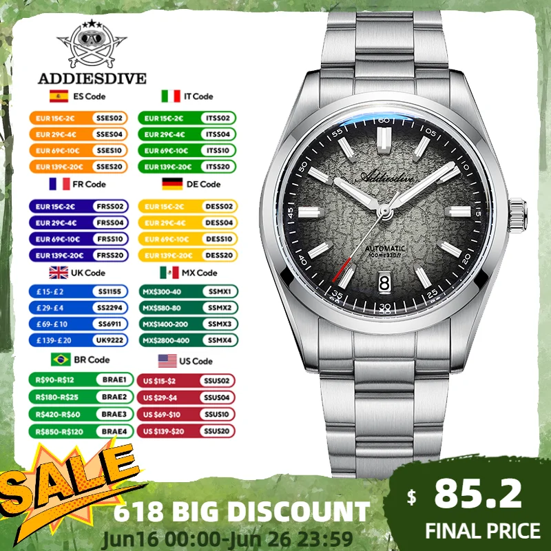ADDIESDIVE Automatic Luxury Watch NH35A Movement 316L BGW9 Luminous Dial 100M Waterproof Bubble Glass Elegant Design for Men
ADDIESDIVE Automatic Luxury Watch NH35A Movement 316L BGW9 Luminous Dial 100M Waterproof Bubble Glass Elegant Design for Men
