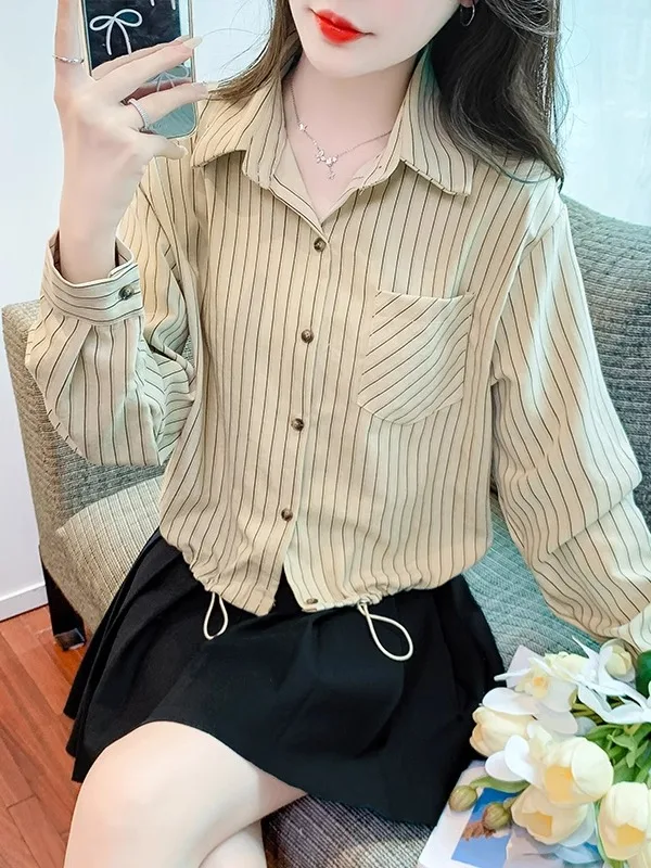 Ele ort Striped irt Women's Premium Feel Dstring Faionable Top Korean Sle Straight Cut Long Sve
Ele ort Striped irt Women's Premium Feel Dstring Faionable Top Korean Sle Straight Cut Long Sve