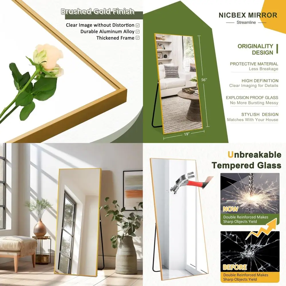 Aluminum Framed 56x19 Full Length Mirror with Stand, Gold - Free Standing, Leaning or Wall-Mounted, Ideal for Home Decor
Aluminum Framed 56x19 Full Length Mirror with Stand, Gold - Free Standing, Leaning or Wall-Mounted, Ideal for Home Decor