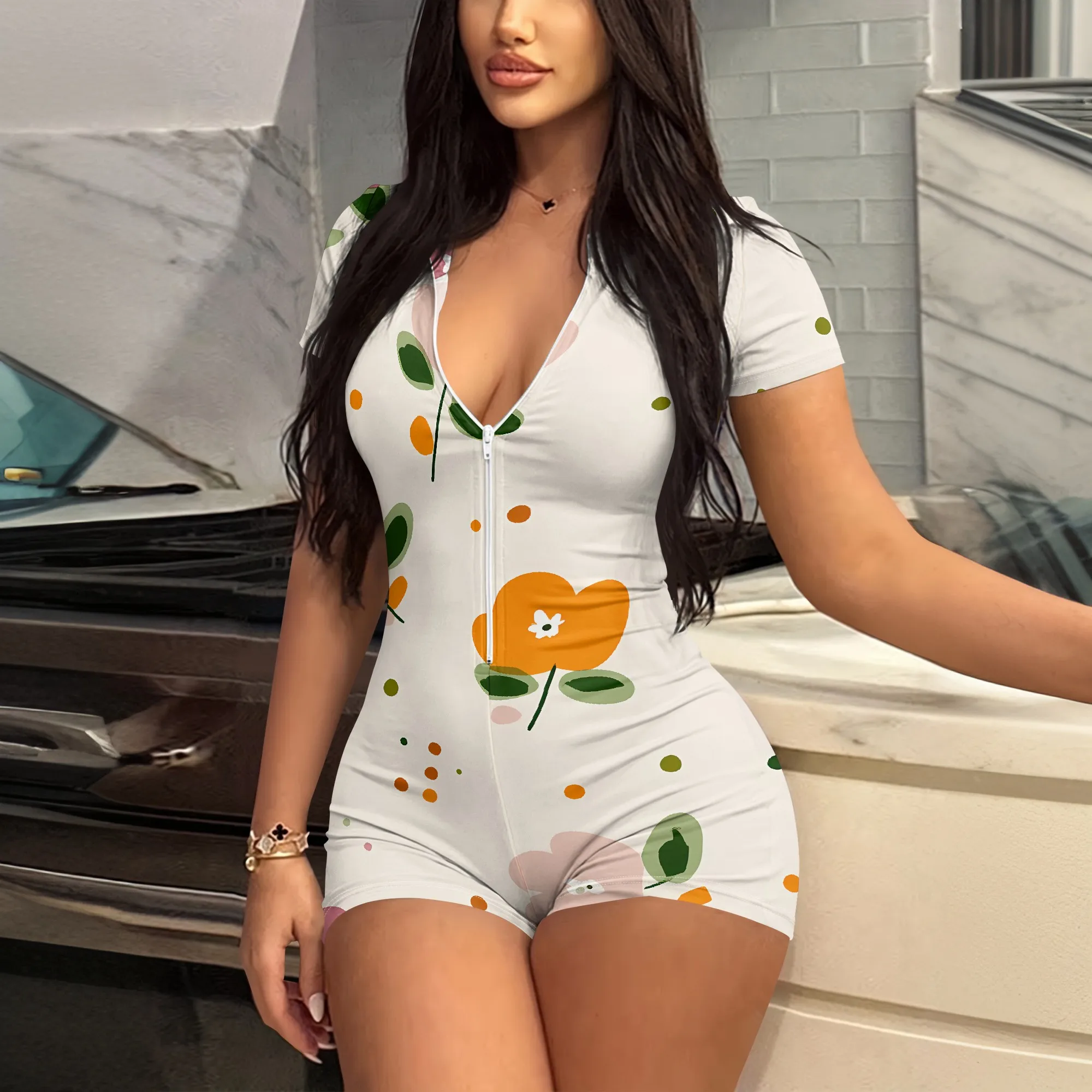 Fruit Print Romper, Orange Pattern Jumpsuit, Short Sleeve Zipper Playsuit, Summer Casual Outfit for Women, S-2XL
Fruit Print Romper, Orange Pattern Jumpsuit, Short Sleeve Zipper Playsuit, Summer Casual Outfit for Women, S-2XL