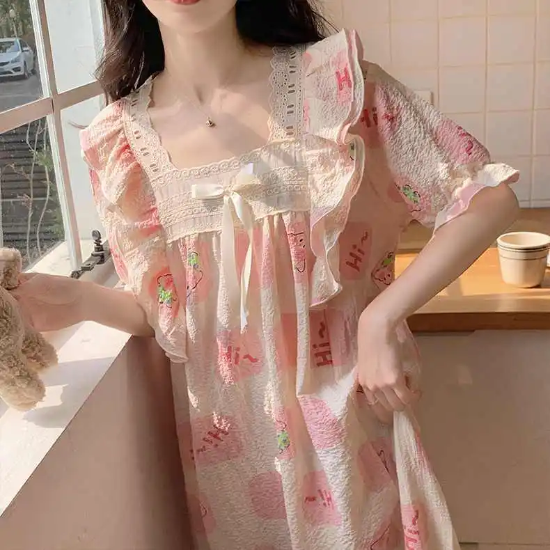 Nightdress for Women's Summer Princess Style Printed Short-sleeved Cute Girl Lace Pajamas Home Clothes Sleepwear Nightie Dress
Nightdress for Women's Summer Princess Style Printed Short-sleeved Cute Girl Lace Pajamas Home Clothes Sleepwear Nightie Dress