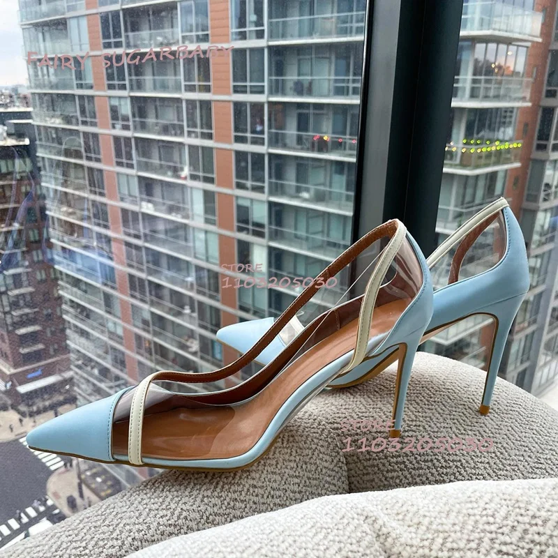 Light Blue Pointed Pvc White Line Heels Women Pump Casual Shallow Side Hollow Sandals Leather Patchwork Stiletto Party Girl Shoe
Light Blue Pointed Pvc White Line Heels Women Pump Casual Shallow Side Hollow Sandals Leather Patchwork Stiletto Party Girl Shoe