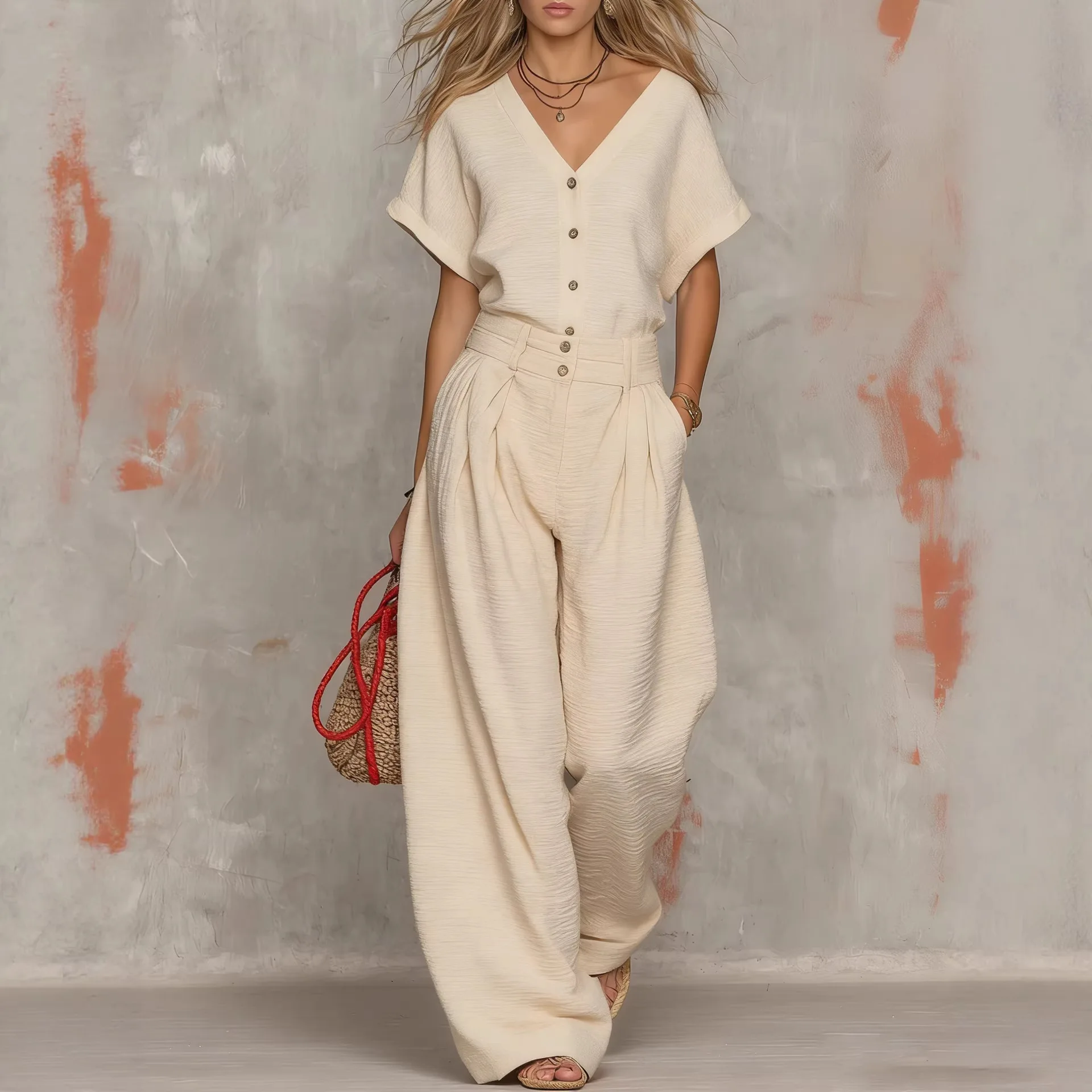 2026 New European American Cross-Border Fashion Casual Retro Solid Color V-Neck Short-Sleeve Top And Wide-Leg Pants Set
2026 New European American Cross-Border Fashion Casual Retro Solid Color V-Neck Short-Sleeve Top And Wide-Leg Pants Set