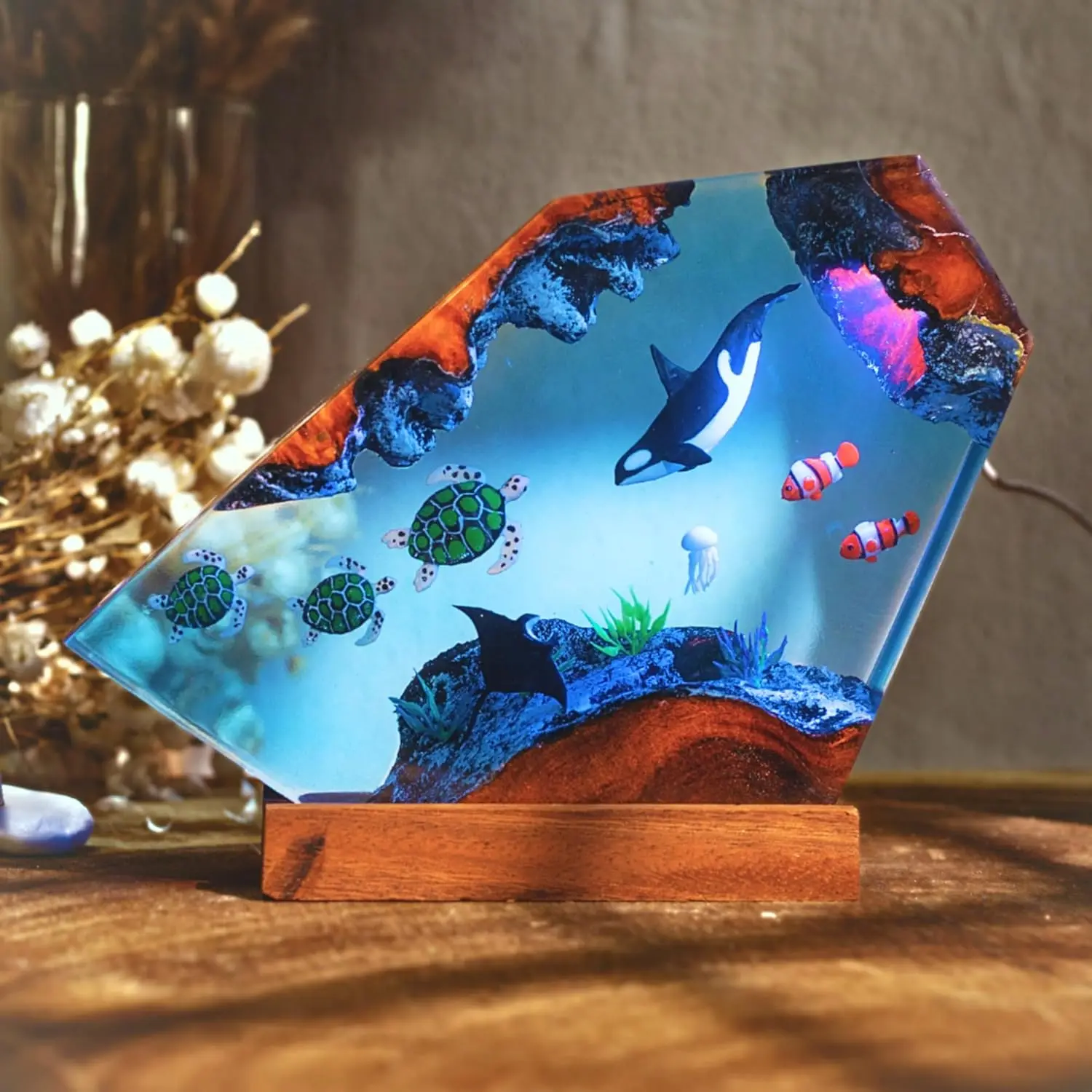 Ocean Resin Lamp with 16 Color LED, USB Powered Whale Shark & Turtle Night Light on Wooden Base, Remote Control
Ocean Resin Lamp with 16 Color LED, USB Powered Whale Shark & Turtle Night Light on Wooden Base, Remote Control