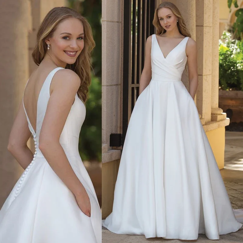Simple A Line Wedding Dresses V Neck Sleeveless Backless Ruched Satin Long Bridal Bride Gowns With Pockets Robes De Mariée 2024
Simple A Line Wedding Dresses V Neck Sleeveless Backless Ruched Satin Long Bridal Bride Gowns With Pockets Robes De Mariée 2024