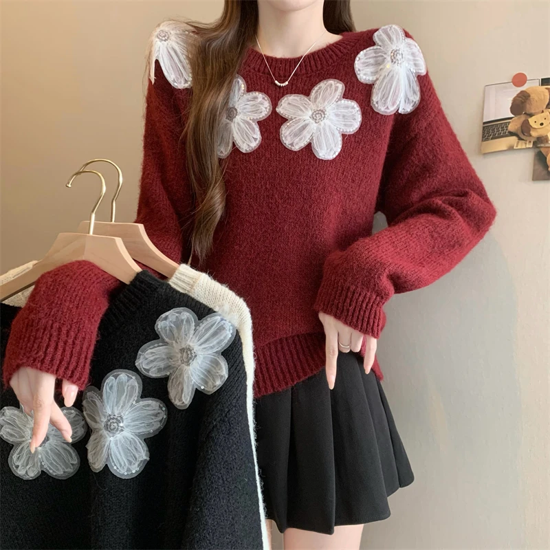 Loose ort Knitted Sweater Korean Sle 3D Flower Design Autumn Winter New Arrival Warm Comfortable Faionable Women's Top
Loose ort Knitted Sweater Korean Sle 3D Flower Design Autumn Winter New Arrival Warm Comfortable Faionable Women's Top