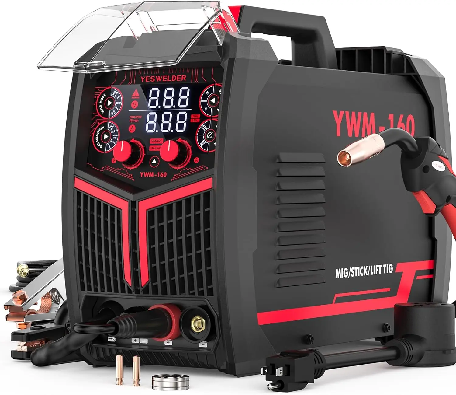 160A 4-in-1 MIG Welder, 110V/220V Dual Voltage, Synergic Control, LED Display
160A 4-in-1 MIG Welder, 110V/220V Dual Voltage, Synergic Control, LED Display